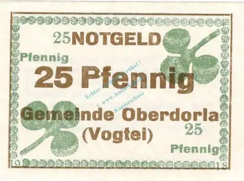 Oberdorla , Notgeld 25 Pfennig Schein in unc-kfr. Ti.5225.05.025 , Thüringen 1918 Verkehrsausgabe