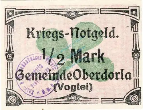 Oberdorla , Notgeld 1 halbe Mark Schein in unc-kfr. Ti.5225.05.075 , Thüringen o.D. Verkehrsausgabe