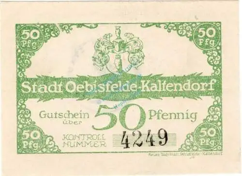 Oebisfelde , Notgeld 50 Pfennig Schein in unc-kfr. Ti.5310.05.03 , Sachsen Anhalt o.D. Verkehrsausgabe