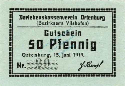 Ortenburg , Notgeld 50 Pfennig -graugrün- unc-kfr. Ti.5420.05.43 , Bayern 1919 Verkehrsausgabe