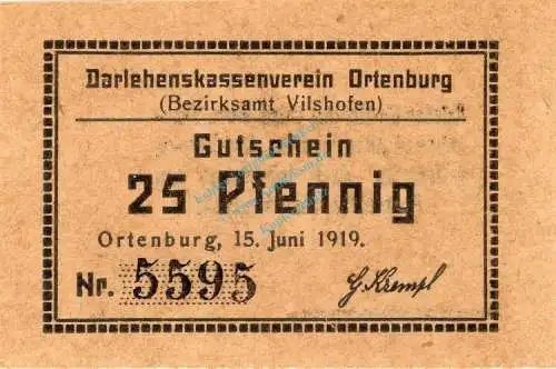 Ortenburg , Notgeld 25 Pfennig -hellbraun- unc-kfr. Ti.5420.05.10 , Bayern 1919 Verkehrsausgabe