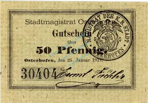 Osterhofen , Notgeld 50 Pfennig Schein in unc-kfr. Ti.5445.05.030 , Bayern 1917 Verkehrsausgabe