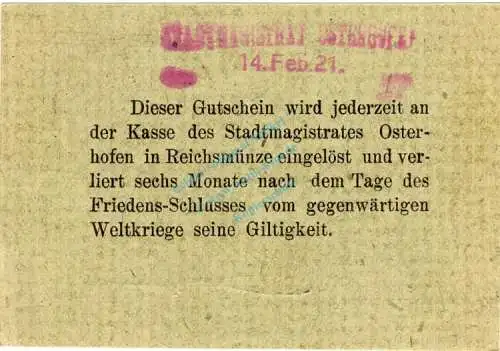 Osterhofen , Notgeld 50 Pfennig Schein in unc-kfr. Ti.5445.05.030 , Bayern 1917 Verkehrsausgabe