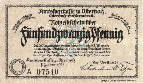 Osterholz , Notgeld 25 Pfennig Schein -A- unc-kfr. Ti.5450.05.02 , Niedersachsen 1921 Verkehrsausgabe