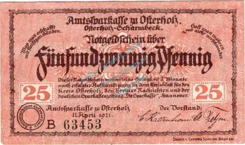 Osterholz , Notgeld 25 Pfennig Schein -B- unc-kfr. Ti.5450.05.10 , Niedersachsen 1921 Verkehrsausgabe