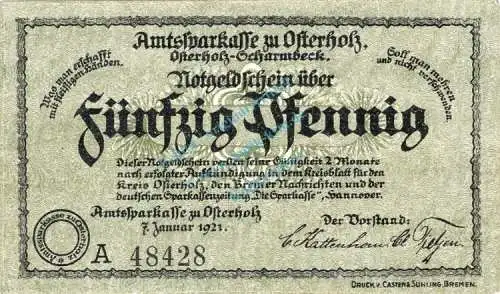 Osterholz , Notgeld 50 Pfennig Schein -A- unc-kfr. Ti.5450.05.03 , Niedersachsen 1921 Verkehrsausgabe