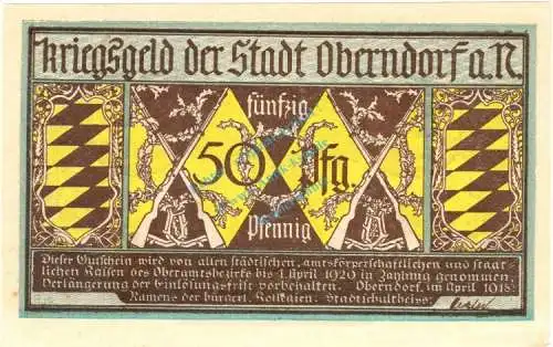 Oberndorf , Notgeld 50 Pfennig -Fehldruck- unc-kfr. Ti.5275.05.05.F , Württemberg 1918 Verkehrsausgabe