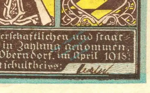 Oberndorf , Notgeld 50 Pfennig -Fehldruck- unc-kfr. Ti.5275.05.05.F , Württemberg 1918 Verkehrsausgabe