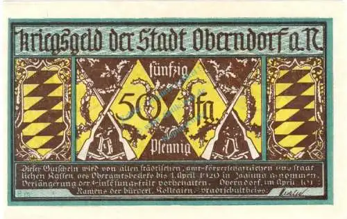 Oberndorf , Notgeld 50 Pfennig --Fehldruck-- unc-kfr. Ti.5275.05... Württemberg 1918 Verkehrsausgabe