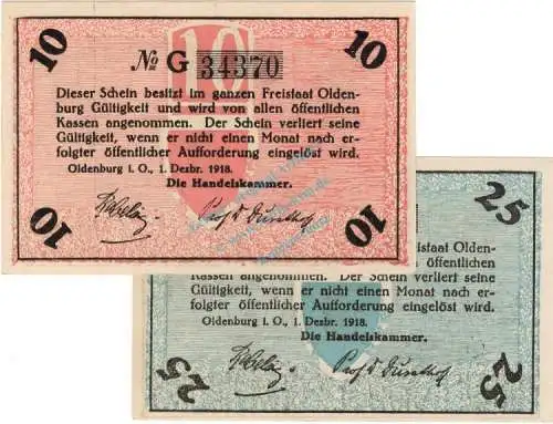 Oldenburg , Notgeld Set mit 2 Scheinen in unc-kfr. Ti.5370.05.10-11 , Niedersachsen 1918 Verkehrsausgabe