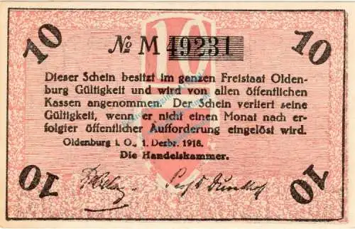 Oldenburg , Notgeld 10 Pfennig Schein unc-kfr. Ti.5370.05.15 , Niedersachsen 1918 Verkehrsausgabe