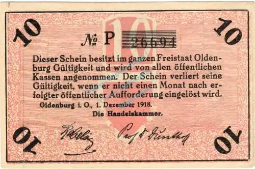 Oldenburg , Notgeld 10 Pfennig Schein unc-kfr. Ti.5370.05.20 , Niedersachsen 1918 Verkehrsausgabe