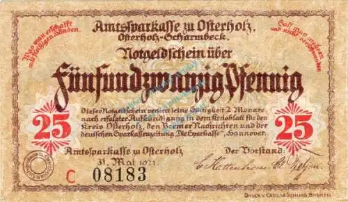 Osterholz , Notgeld 25 Pfennig Schein -C- unc-kfr. Ti.5450.05.20 , Niedersachsen 1921 Verkehrsausgabe