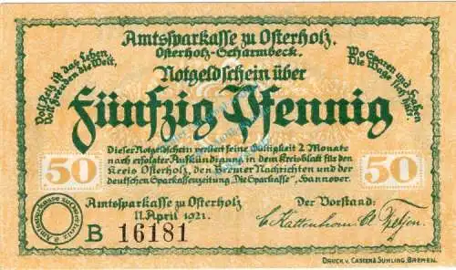 Osterholz , Notgeld 50 Pfennig Schein -B- unc-kfr. Ti.5450.05.11 , Niedersachsen 1921 Verkehrsausgabe