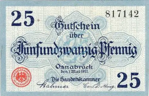 Osnabrück , Notgeld 25 Pfennig Schein in unc-kfr. Ti.5435.05.11 , Niedersachsen 1917 Verkehrsausgabe