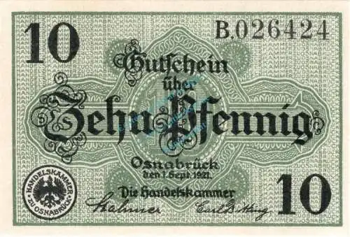 Osnabrück , Notgeld 10 Pfennig Schein in unc-kfr. Ti.5435.05.15 , Niedersachsen 1921 Verkehrsausgabe