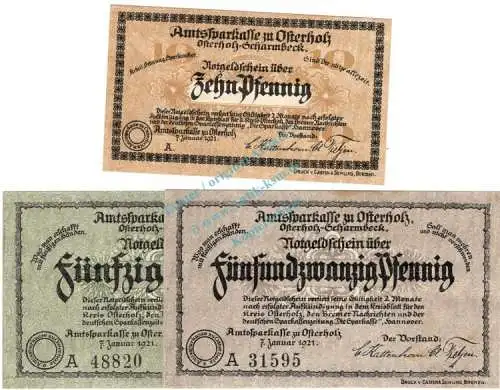 Osterholz , Notgeld Set mit 3 Scheinen -A- unc-kfr. Ti.5450.05.01-03 , Niedersachsen 1921 Verkehrsausgabe