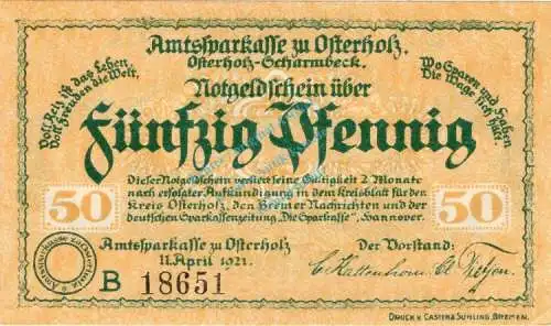 Osterholz , Notgeld 50 Pfennig Schein -B- unc-kfr. Ti.5450.05.11 , Niedersachsen 1921 Verkehrsausgabe