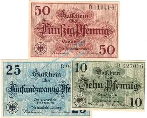 Osnabrück , Notgeld Set mit 3 Scheinen unc-kfr. Ti.5435.05.15-17 , Niedersachsen 1921 Verkehrsausgabe