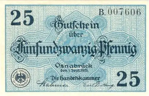 Osnabrück , Notgeld 25 Pfennig Schein unc-kfr. Ti.5435.05.16 , Niedersachsen 1921 Verkehrsausgabe