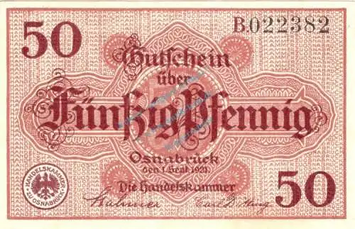 Osnabrück , Notgeld 50 Pfennig Schein unc-kfr. Ti.5435.05.17 , Niedersachsen 1921 Verkehrsausgabe