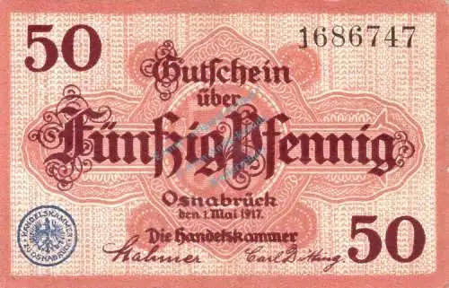 Osnabrück , Notgeld 50 Pfennig Schein unc-kfr. Ti.5435.05.11 , Niedersachsen 1917 Verkehrsausgabe