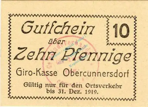 Obercunnersdorf , Notgeld 10 Pfennig Schein unc-kfr. Ti.5215.05.01 , Sachsen o.D. Verkehrsausgabe