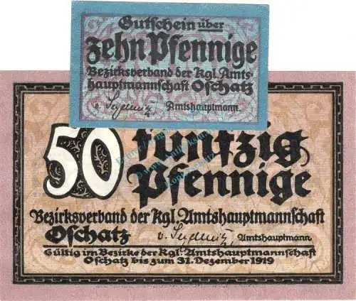 Oschatz , Notgeld Set mit 2 Scheinen unc-kfr. Ti.5425.05.05-06 , Sachsen o.D. Verkehrsausgabe