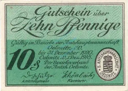 Oelsnitz , Notgeld 10 Pfennig Schein unc-kfr. Ti.5325.05.15 , Sachsen 1918 Verkehrsausgabe