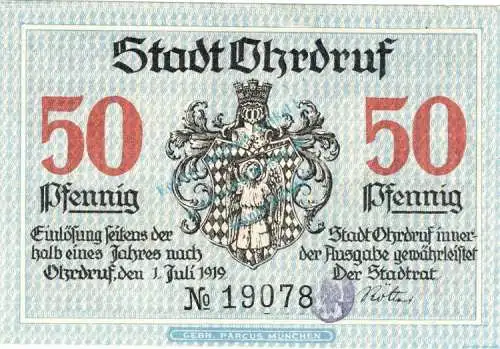 Ohrdruf , Notgeld 50 Pfennig Schein unc-kfr. Ti.5350.05.82 , Thüringen 1919 Verkehrsausgabe