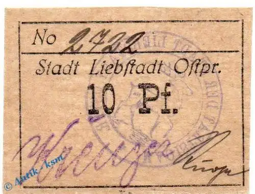 Notgeld Liebstadt , 10 Pfennig Schein in kfr. Tieste 4075.05.40 , o.D. Ostpreussen Verkehrsausgabe