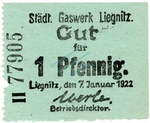 Liegnitz , Notgeld 1 Pfennig Schein in unc-kfr. Ti.4080.35.10 , Schlesien o.D. Verkehrsausgabe