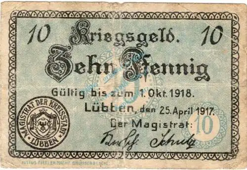 Lübben , Notgeld 10 Pfennig Schein in gbr. Ti.4245.05.02 , Brandenburg 1917 Verkehrsausgabe