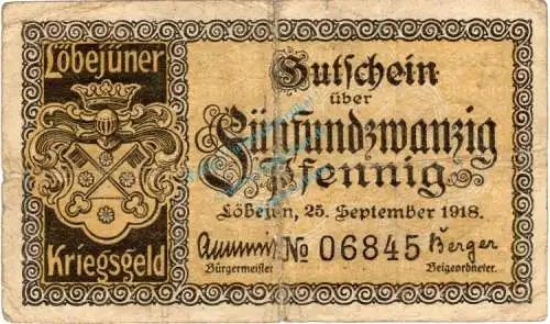 Vorlage NG  - GEBRAUCHT -Löbejün , Notgeld 25 Pfennig Schein in gbr. Ti.4180.05.01 , Sachsen Anhalt 1918 Verkehrsausgabe