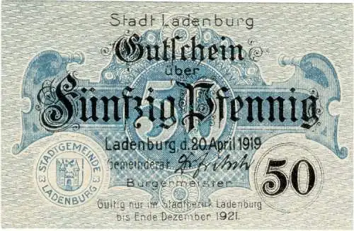 Ladenburg , Notgeld 50 Pfennig Schein in unc-kfr. Ti.3800.05.06 , Baden 1919 Verkehrsausgabe