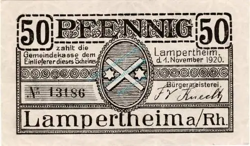 Lampertheim , Notgeld 50 Pfennig Schein in unc-kfr. Ti.3815.05.15 , Hessen 1920 Verkehrsausgabe