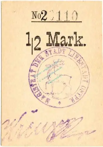 Liebstadt , Notgeld 1 halbe Mark Schein in unc-kfr. Ti.4075.05.05 , Ostpreussen o.D. Verkehrsausgabe