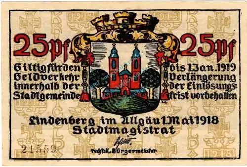 Lindenberg , Notgeld 25 Pfennig -bis 35980- in unc-kfr. Ti. 4115.05.11 , Bayern 1918 Verkehrsausgabe