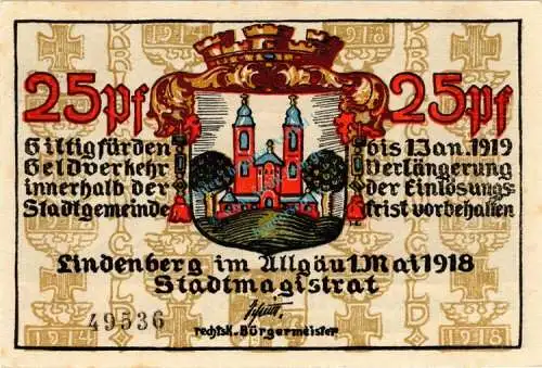 Lindenberg , Notgeld 25 Pfennig Schein in unc-kfr. Ti. 4115.05.20 , Bayern 1918 Verkehrsausgabe