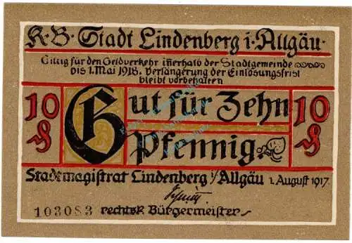 Lindenberg , Notgeld 10 Pfennig Schein in unc-kfr. Ti. 4115.05.05 , Bayern 1917 Verkehrsausgabe