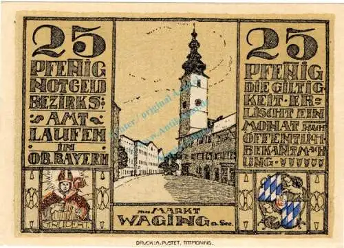 Laufen , Notgeld 25 Pfennig Schein in unc-kfr. Ti.3925.05.05 , Bayern 1920 Verkehrsausgabe