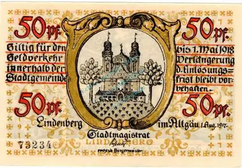 Lindenberg , Notgeld 50 Pfennig Schein in unc-kfr. Ti.4115.05.06 , Bayern 1918 Verkehrsausgabe