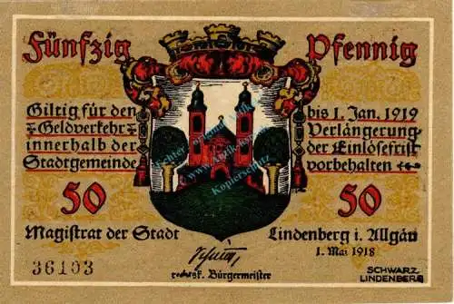 Lindenberg , Notgeld 50 Pfennig Schein in unc-kfr. Ti.4115.05.12 , Bayern 1918 Verkehrsausgabe