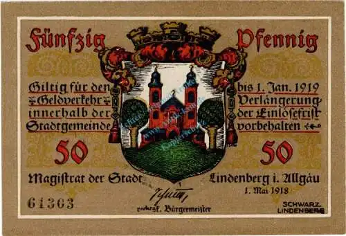 Lindenberg , Notgeld 50 Pfennig Schein in unc-kfr. Ti.4115.05.17 , Bayern 1918 Verkehrsausgabe