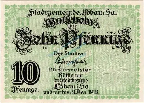 Löbau , Notgeld 10 Pfennig Schein in unc-kfr. Ti.4175.15.05-10 , Sachsen o.D. Verkehrsausgabe