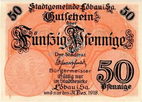 Löbau , Notgeld 50 Pfennig Schein in unc-kfr. Ti.4175.15.06-11 , Sachsen o.D. Verkehrsausgabe