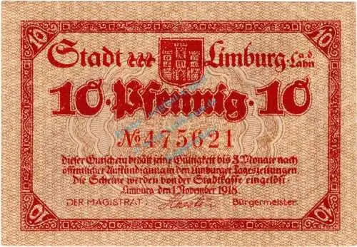 Limburg , Notgeld 10 Pfennig Schein in unc-kfr. Ti.4100.05.10 , Hessen 1918 Verkehrsausgabe