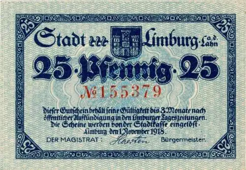 Limburg , Notgeld 25 Pfennig Schein in unc-kfr. Ti.4100.05.11 , Hessen 1918 Verkehrsausgabe