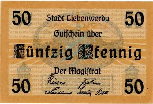 Liebenwerda , Notgeld 50 Pfennig Schein in unc-kfr. Ti.4060.10.03 , Brandenburg o.D. Verkehrsausgabe