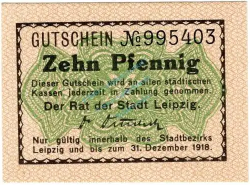 Leipzig , Notgeld 10 Pfennig Schein in unc-kfr. Ti.3980.115.01 , Sachsen o.D. Verkehrsausgabe